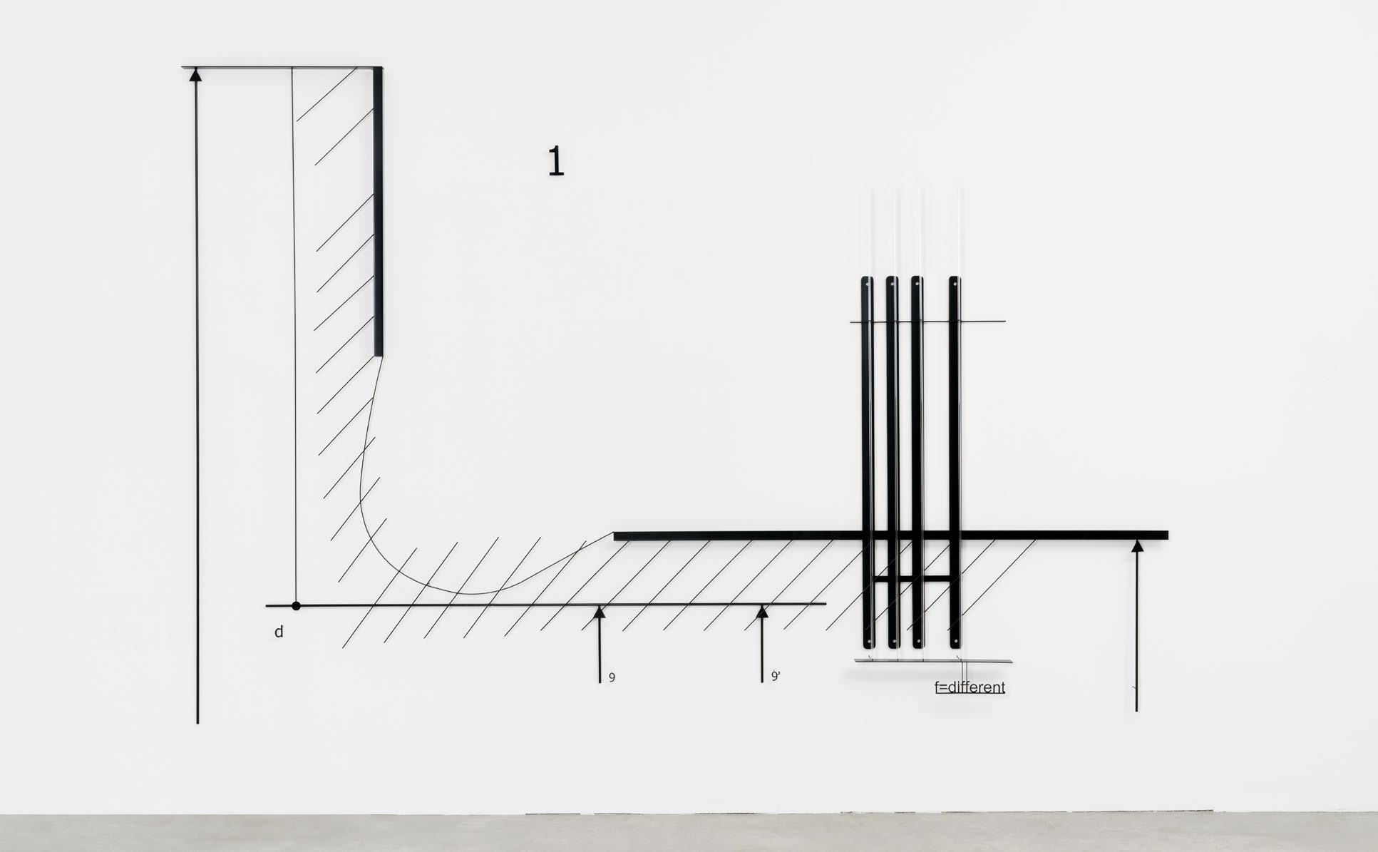 f=different 9/9' I 2016 sculptural composition on wall powdercoated steel glass 210 x 300 x 10 cm I © Marlena Kudlicka